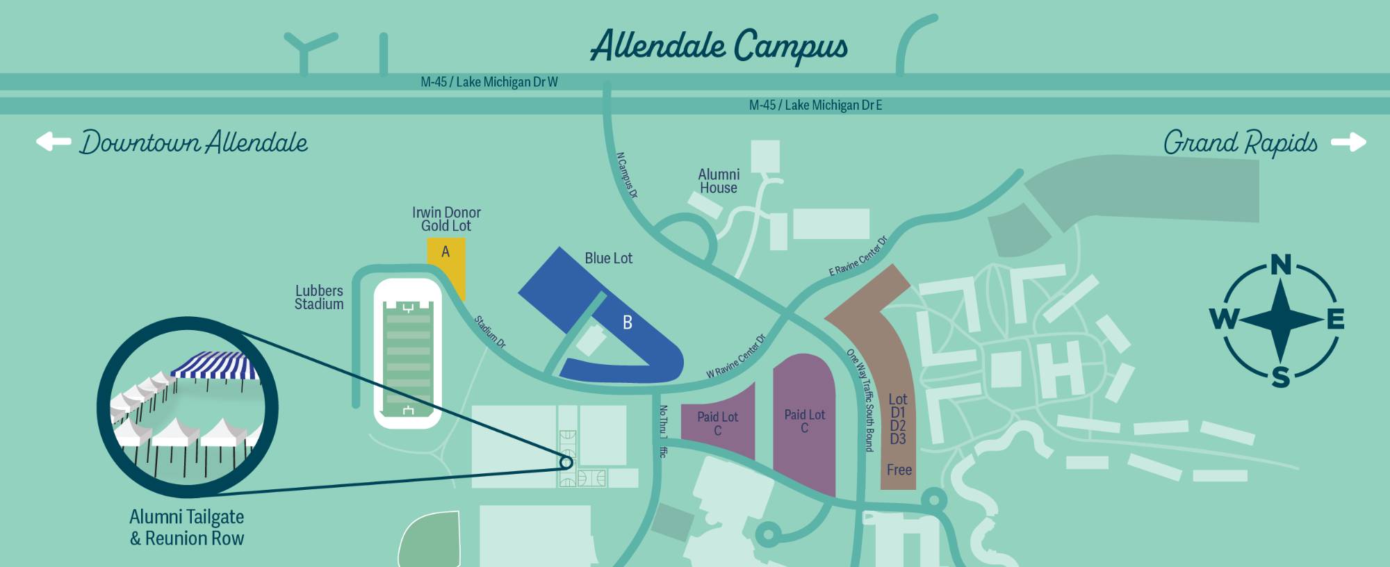 Map of campus showing the location of the Alumni Tailgate and Reunion Row on the basketball courts